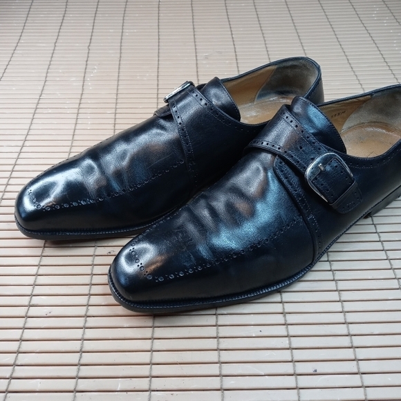 Domani Shoes By Johnston & Murphy Monk Strap Buckle Black Brogue Hand Made Itali - Picture 3 of 11